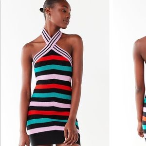 UO HALLIE STRIPED HALTER MINI DRESS